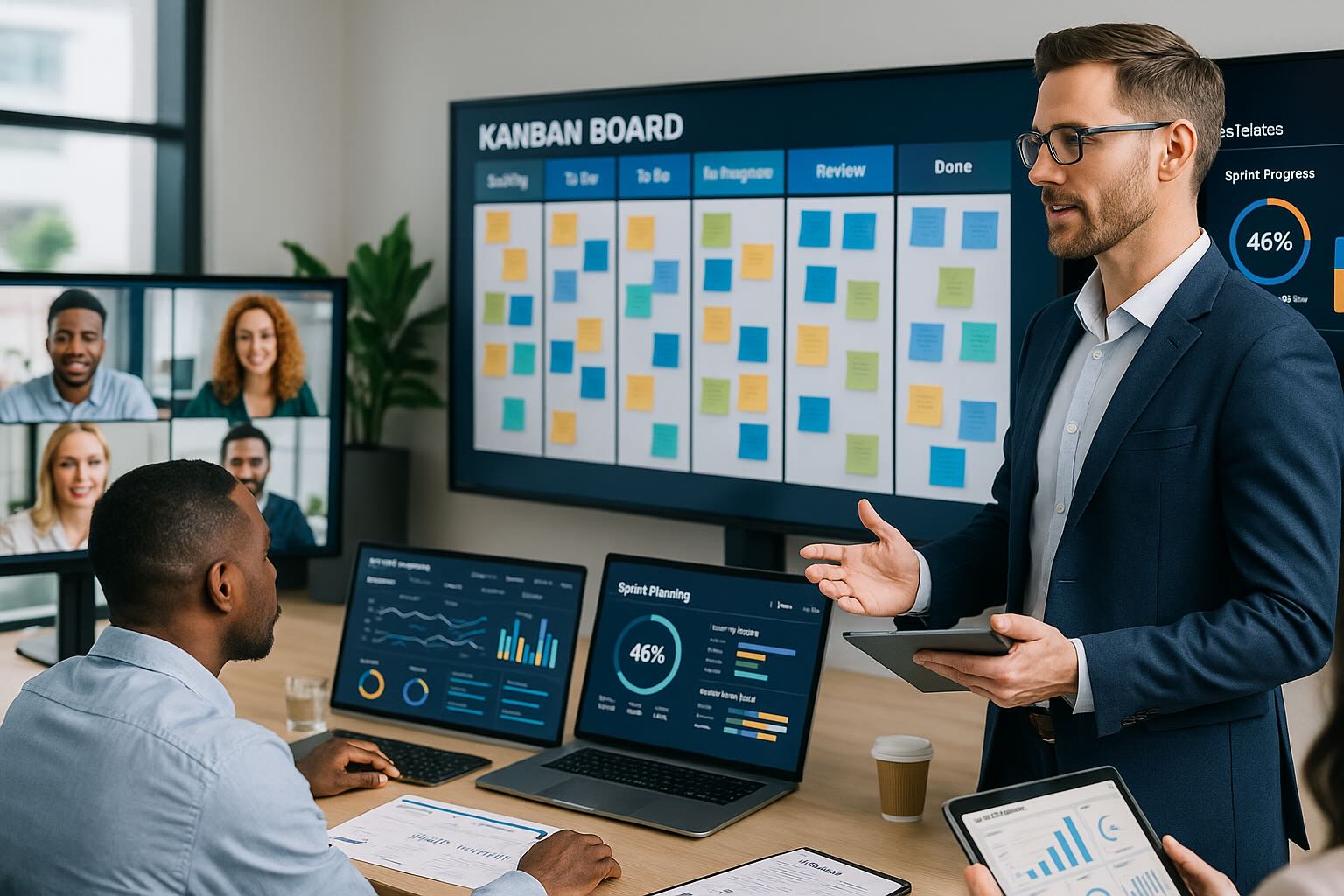 Project manager in a modern office using digital dashboards and kanban boards to manage agile project delivery for digital transformation.