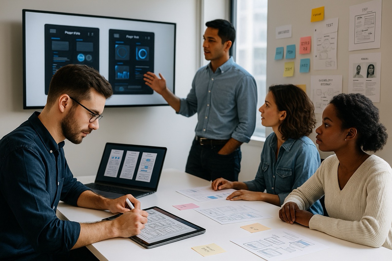UX UI design team creating digital product interfaces in studio