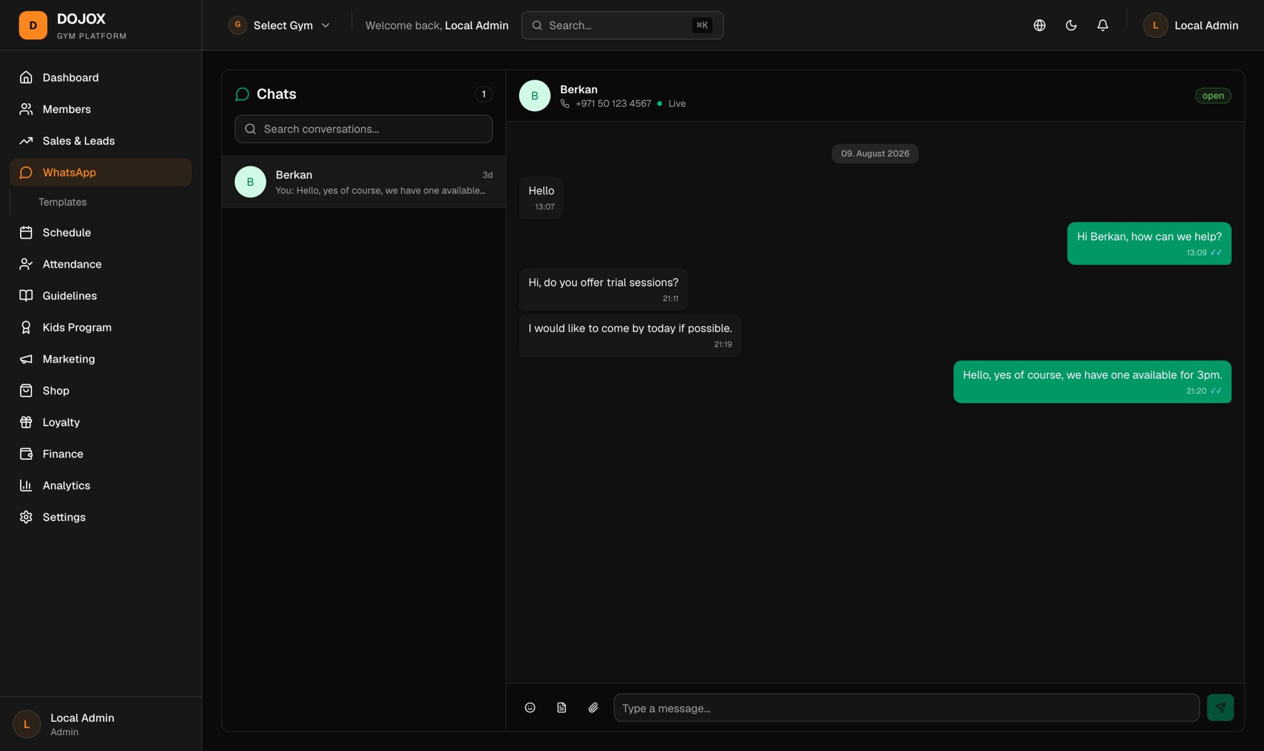 DOJOX WhatsApp inbox with a member conversation