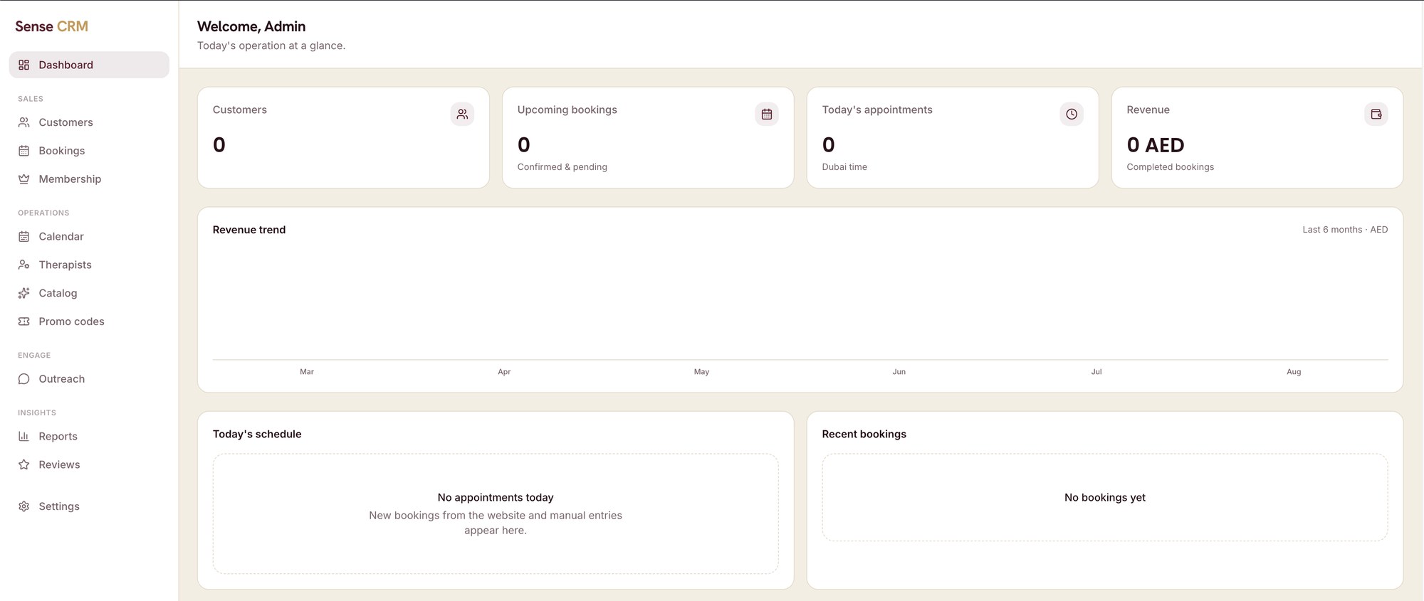 Booking and CRM back office dashboard for a mobile spa service